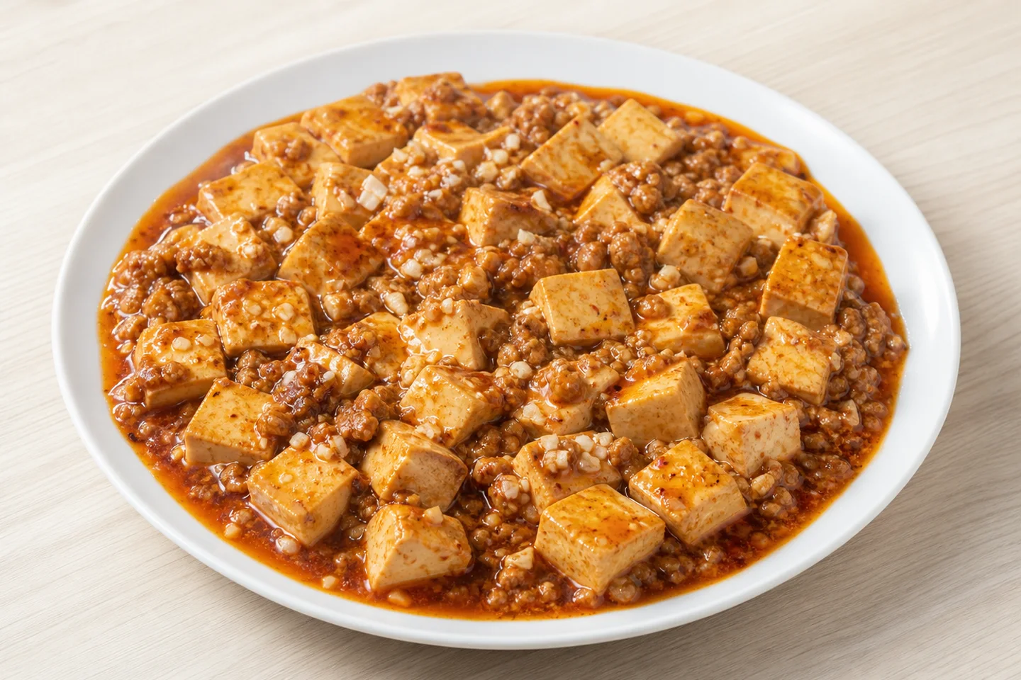 Close view of soft tofu cubes coated in Sichuan chile sauce