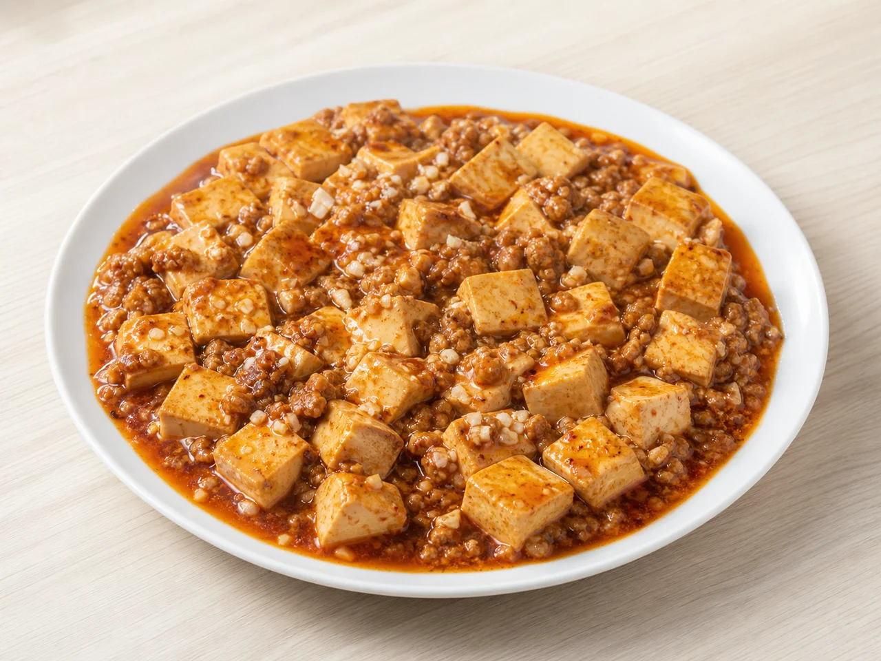 Mapo tofu with red chile oil, minced pork, and scallions in a white bowl