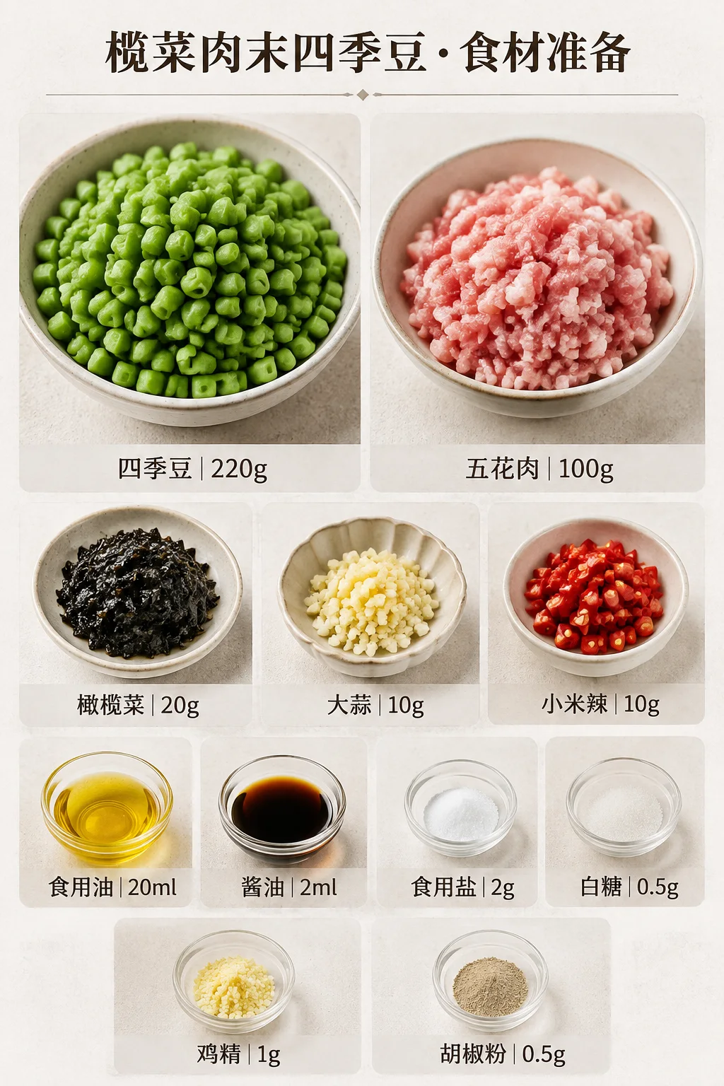 榄菜肉末四季豆食材信息图