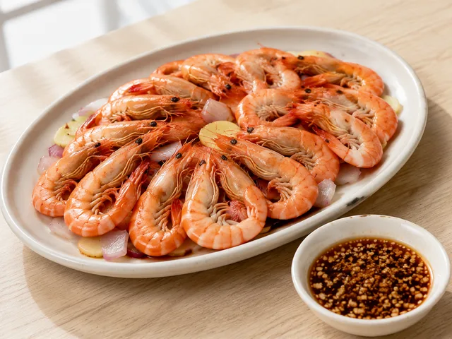 White poached shrimp with ginger, scallion, and a savory dipping sauce