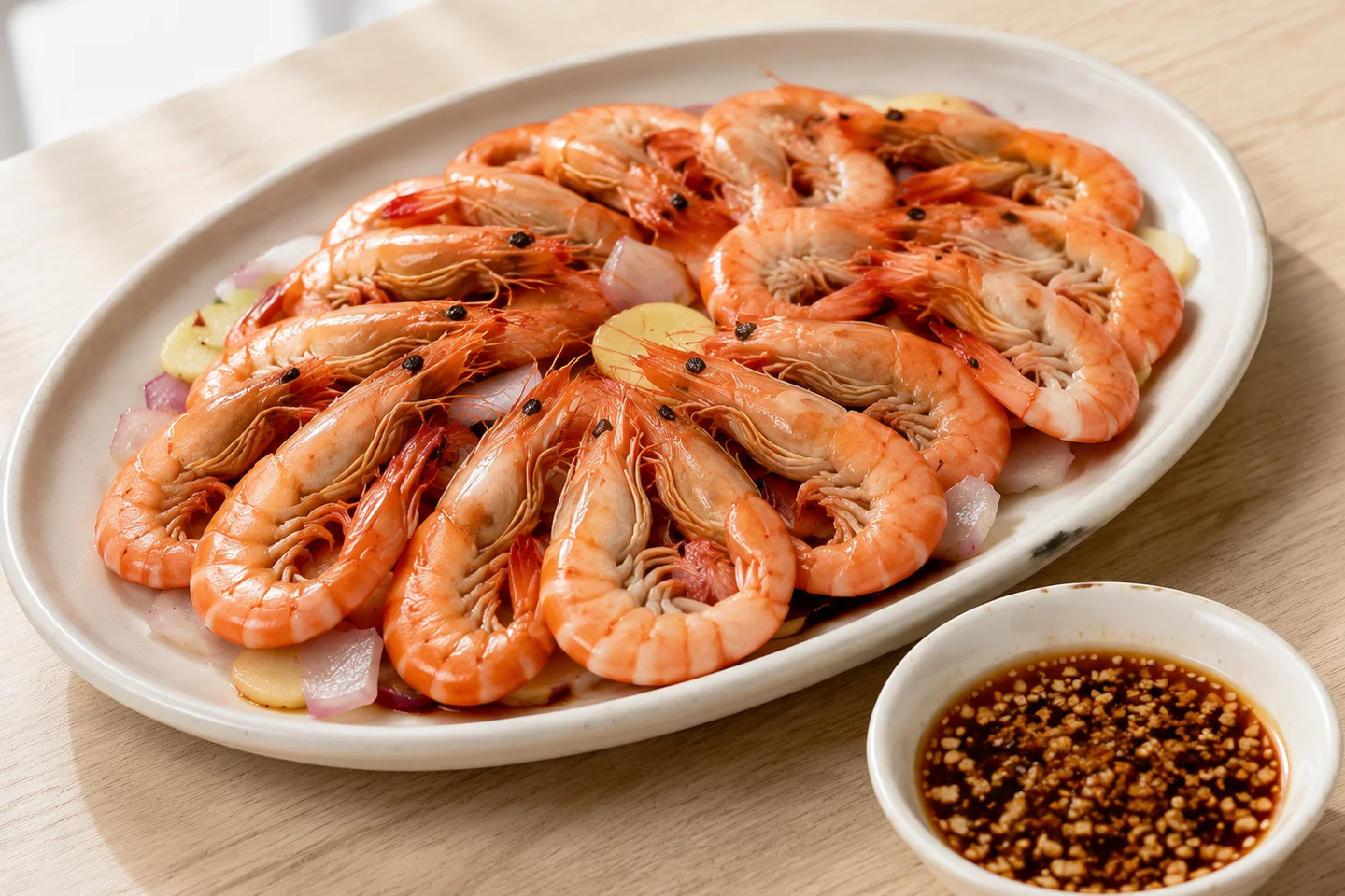 White poached shrimp with ginger, scallion, and a savory dipping sauce