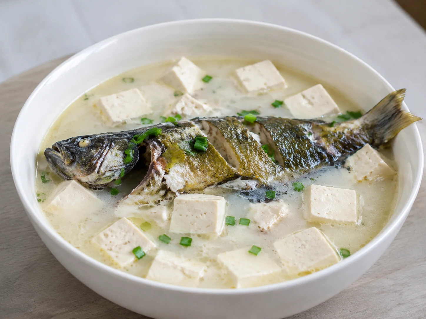 昂刺鱼豆腐汤，整鱼浸在乳白汤中并带有豆腐和葱姜