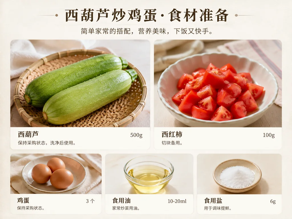 西葫芦炒鸡蛋的中文食材信息图